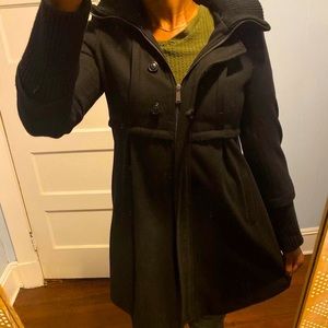 DKNY Mid Length Black Hooded Coat